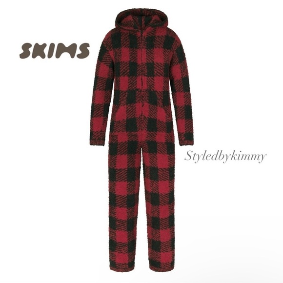 SKIMS COZY KNIT UNISEX ONESIE NWT NEW Brick Buffalo Check S/M